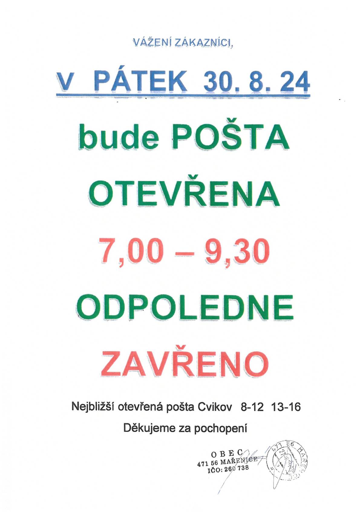 V pátek 30.8.2024 bude odpoledne zavřená pošta Mařenice
