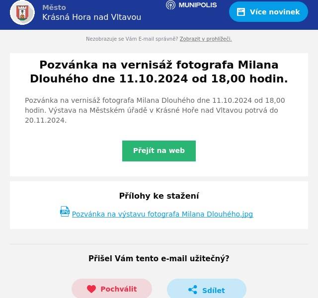 Pozvánka na vernisáž fotografa Milana Dlouhého dne 11.10.2024 od 18,00 hodin. Výstava na Městském úřadě v Krásné Hoře nad Vltavou potrvá do 20.11.2024.