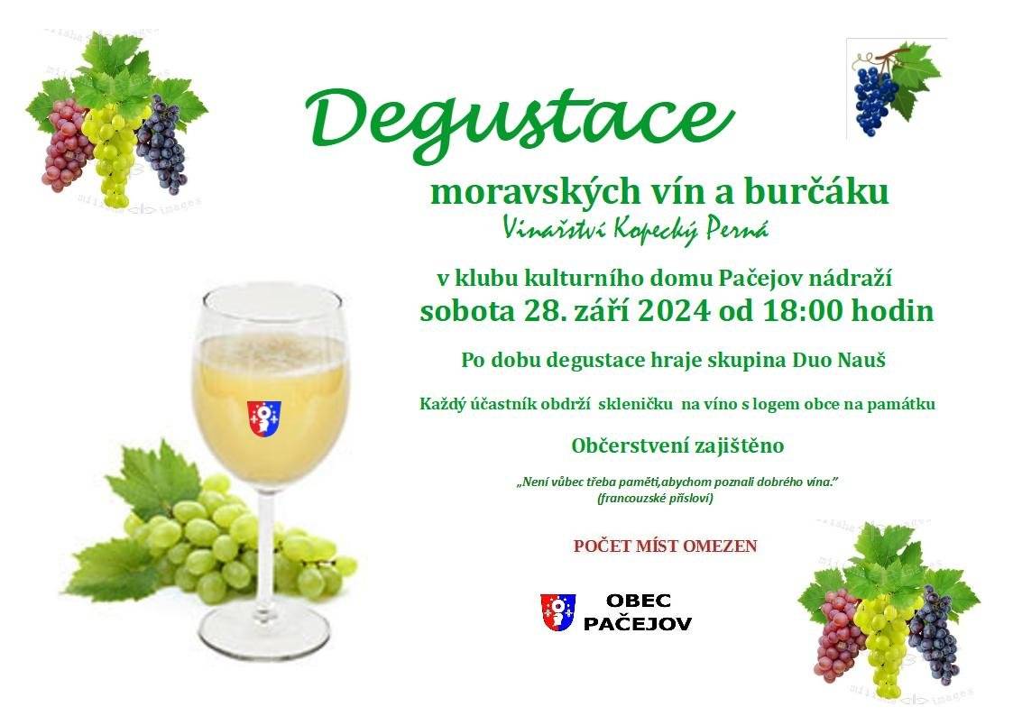 Tuto sobotu, 28. září 2024, vás zveme na degustaci moravských vín a burčáku od 18:00 hodin do klubu kulturního domu v Pačejově nádraží. K tanci i poslechu bude hrát Duo Nauš.Přijďte se pobavit a ochutnat dobrá vína.