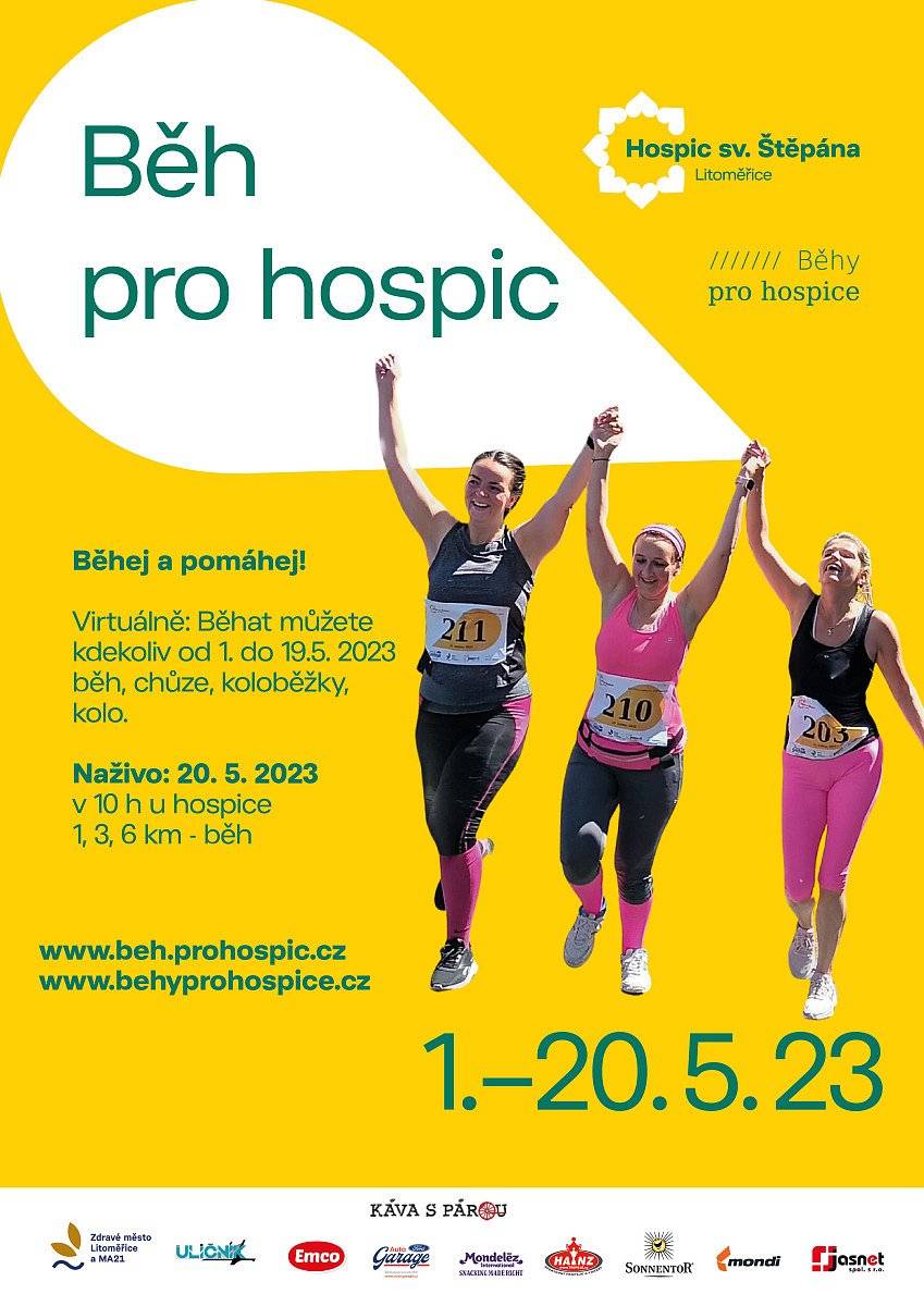 Zveme vás  k možnosti připojit se k benefiční sportovní akci, kterou je již podeváté  
Běh pro Hospic sv. Štěpána. 
Běháme od 1. do 19.5. virtuálně – tedy kdekoliv a kdykoliv a 20.5. naživo od hospice v Litoměřicích.
Všechny informace a odkaz na registraci najdete na: https://beh.prohospic.cz/