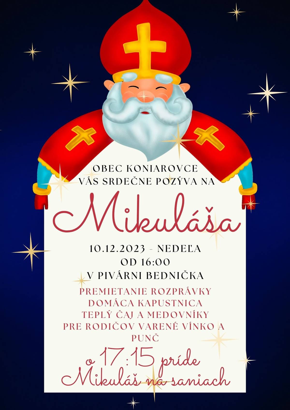 Obec Koniarovce oznamuje deťom, že dňa 10. decembra bude v obci Koniarovce rozdávať Mikuláš s čertom a anjelom mikulášske balíčky deťom do 12 rokov na základe Mikulášskeho poukazu, ktorý si rodičia detí do 12 rokov môžu vyzdvihnúť na obecnom úrade.