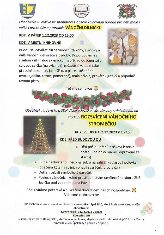Srdečně vás zveme na Tradiční rozsvěcování stromečku dne 2.12.2023 od 16:15.