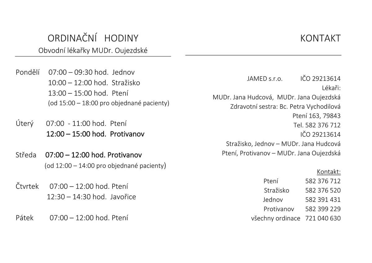 MUDr. Oujezdská - ordinační doba