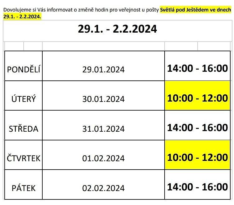 Dovolujeme si Vás informovat o změně hodin pro veřejnost u pošty Světlá pod Ještědem ve dnech 29.1.-2.2.2024. Více informací v přiloženém souboru.