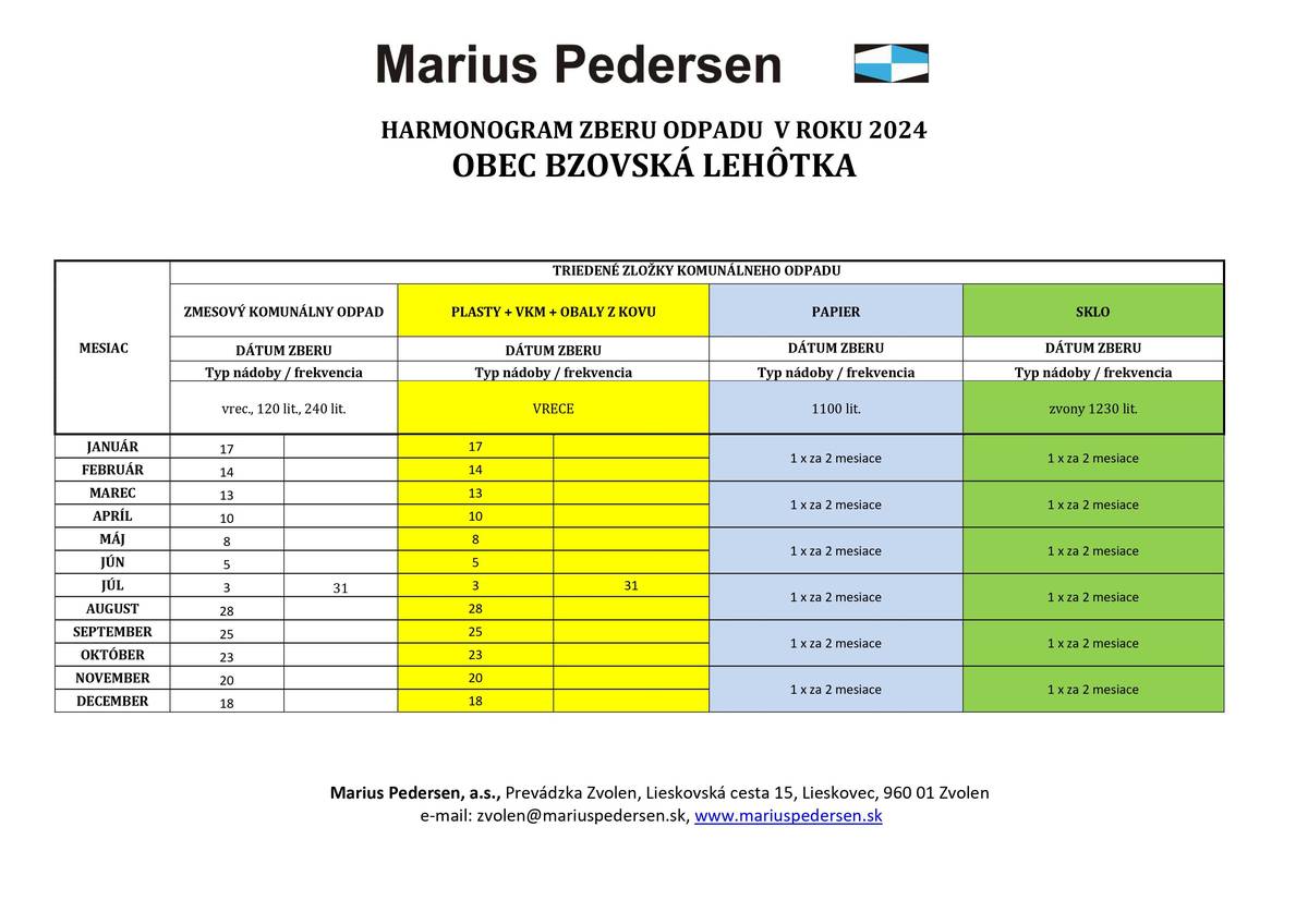 Dobrý deň,
chcel by som Vás oboznámiť s novým harmonogramom vývozu odpadov v našej obci na rok 2024. 
Nájdete ho aj na stránke našej obce.
https://www.bzovskalehotka.sk/odvoz-odpadu
