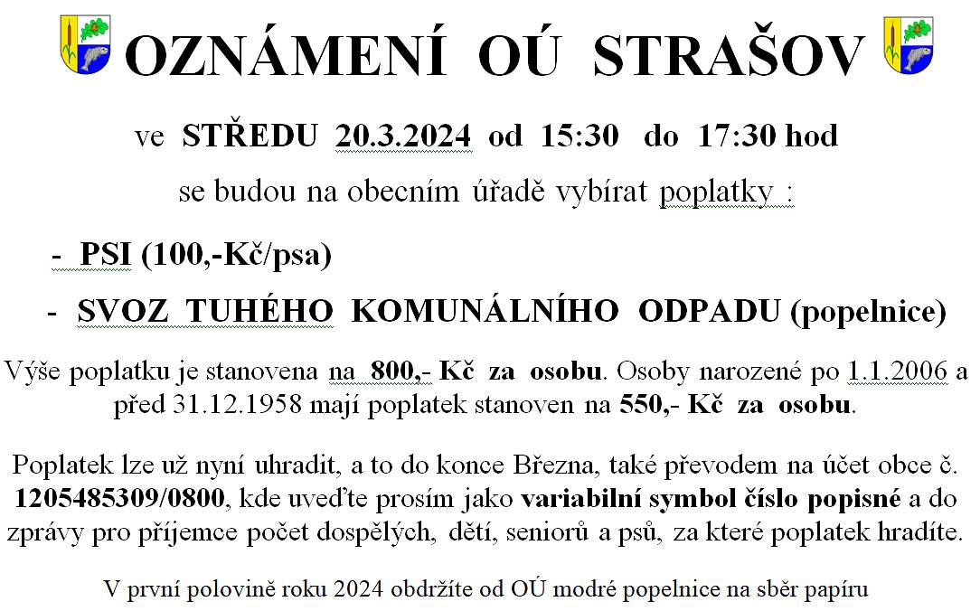 Oznamujeme termín pro výběr poplatků za sběr komunálního odpadu a ze psů na rok 2024
Preferujeme bezhotovostní platbu na účet č.: 1205485309/0800
DĚKUJEME