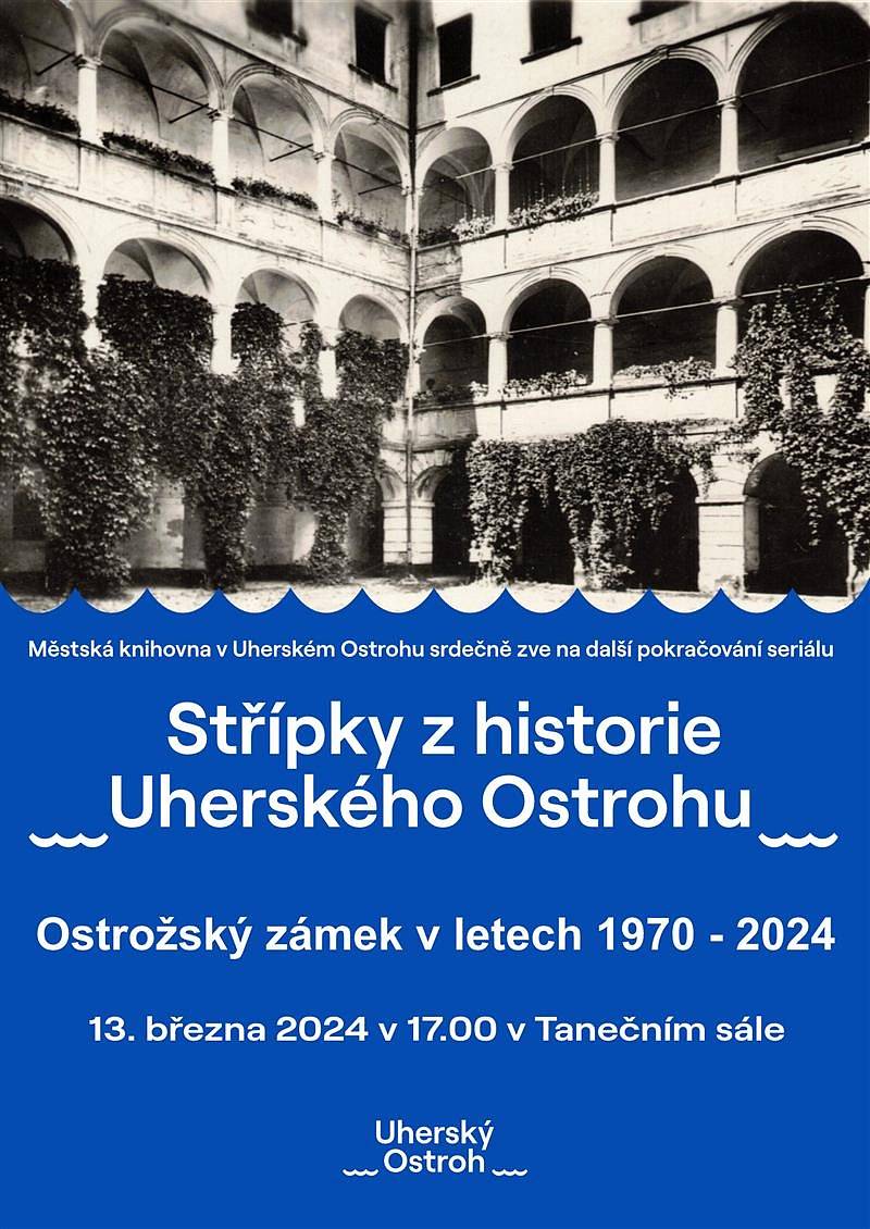 Městská knihovna Uherský Ostroh zve srdečně na přednášku z cyklu Střípky z historie Uherského Ostrohu, která se uskuteční ve středu 13. března 2024 od 17:00 hodin v tanečním sále na zámku.
Téma březnové přednášky je věnováno stavebnímu vývoji a změnám na ostrožském zámku v posledních 50 letech. 
Přednáší paní Věra Hendrychová, vstupné dobrovolné.