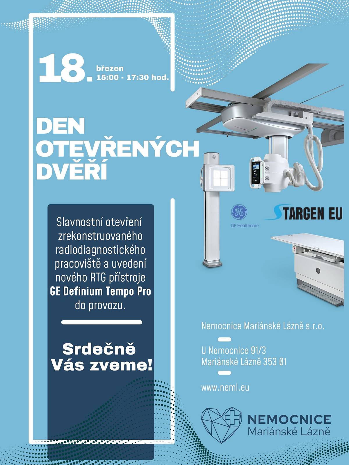 Začátkem letošního roku bylo kompletně zrekonstruováno pracoviště rentgenu, které je nepostradatelnou součástí naší nemocnice.
Klíčovou inovací je pořízení nového radiografického přístroje Definium Tempo PRO od společnosti GE HealthCare, dodavatele Stargen EU s.r.o.
Definium Tempo PRO je profesionální všestranný digitální radiografický systém nejnovější generace se stropním závěsem rentgenky. Ten je dále je vybaven novým typem ultracitlivých detektorů GE FlashPad™ HD s vysokým rozlišením 100µm, pokročilým softwarem pro zpracování obrazu Helix™ a integrovanou umělou inteligencí AI. Jedná se o komplexní řešení, které myslí jak na lékaře, tak i pacienty a radiologické asistenty. V rámci přímé digitalizace zajistí moderní způsob záznamu obrazu a radiologovi poskytne daleko širší spektrum diagnostických vyšetření k hodnocení.
Nový RTG nabídne rychlejší a díky menší radiační dávce šetrnější péči, což výrazně zvýší komfort pacientům.
Nemocnice Mariánské Lázně s.r.o. je prvním pracovištěm v České republice, které novým typem stroje GE Definium Tempo PRO s citlivými detektory FlashPad™ HD s vysokým rozlišením a umělou inteligencí AI disponuje.
Do nového přístroje a rozsáhlé rekonstrukce investovala nemocnice přes 8 miliónů korun. Samotný RTG přístroj byl spolufinancován z úvěru NRB v rámci Operačního programu spravedlivé transformace.
Pořízení nového skiagrafického přístroje je tak dalším krokem k modernizaci naší nemocnice. Pozitivní efekt bude patrný nejen na úrovni pacientů či pracovníků, ale také na úrovni celého regionu.
Slavnostní otevření s možností prohlídky nového RTG přístroje proběhne v pondělí 18. března 2024 od 15 hodin.
Na setkání se těší ředitelka Nemocnice Mariánské Lázně s.r.o. Veronika Kropfreiterová.