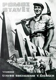 Plakát z 50. let agitující pro nábor dělníků na stavbu Lipna.