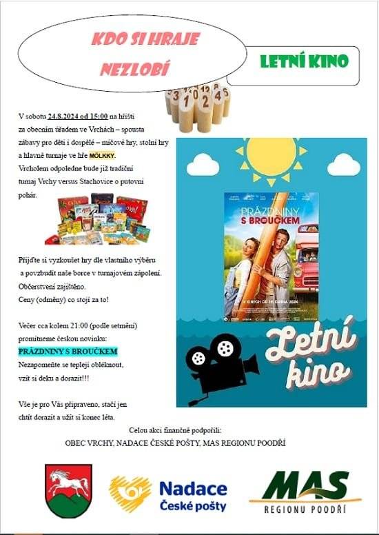 V sobotu 24.8.2024 od 15:00 na hřišti za obecním úřadem ve Vrchách – spousta zábavy pro děti i dospělé – míčové hry, stolní hry a hlavně turnaje ve hře MÖLKKY.
Vrcholem odpoledne bude již tradiční turnaj Vrchy versus Stachovice o putovní pohár.
Přijďte si vyzkoušet hry dle vlastního výběru a povzbudit naše borce v turnajovém zápolení.
Občerstvení zajištěno.
Ceny (odměny) co stojí za to!
Večer cca kolem 21:00 (podle setmění)
promítneme českou novinku:
PRÁZDNINY S PROUČKEM.
Nezapomeňte se tepleji obléknout,
vzít si deku a dorazit!!!
Vše je pro Vás připraveno, stačí jen
chtít dorazit a užít si konec léta.
Celou akci finančně podpořili:
OBEC VRCHY, NADACE ČESKÉ POŠTY, MAS REGIONU POODŘÍ