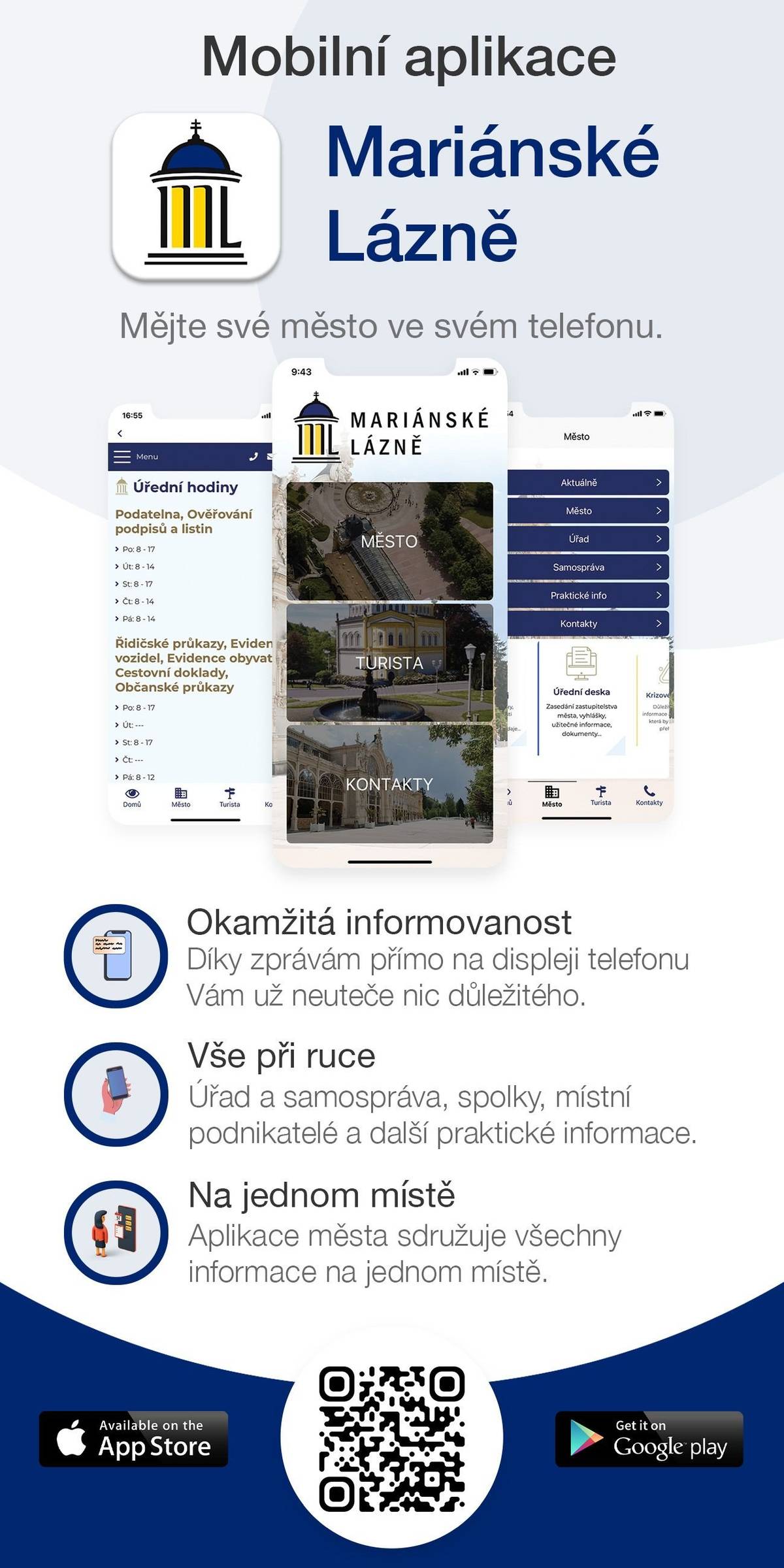 Mariánské Lázně přechází z aplikace Munipolis na nový systém. Chcete být stále v obraze a dostávat jako první nejnovější informace? Stáhněte si aplikaci s názvem „Mariánské Lázně“ a budete mít vše potřebné ve svém chytrém telefonu. Byli jste zvyklí dostávat aktuality e-mailem? Žádný problém! Stačí zaregistrovat svou e-mailovou adresu na stránce https://bit.ly/emailymarianskelazne 
K přechodu dojde koncem tohoto měsíce. Znamená to, že od 1. 8. 2024 budou informace rozesílány výhradně pomocí této nové aplikace.