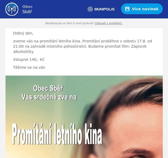 Dobrý den,
zveme vás na promítání letního kina. Promítání proběhne v sobotu 17.8. od 21:00 na zahradě místního pohostinství. Budeme promítat film: Zápisník alkoholičky
Vstupné 140,- Kč
Těšíme se na vás