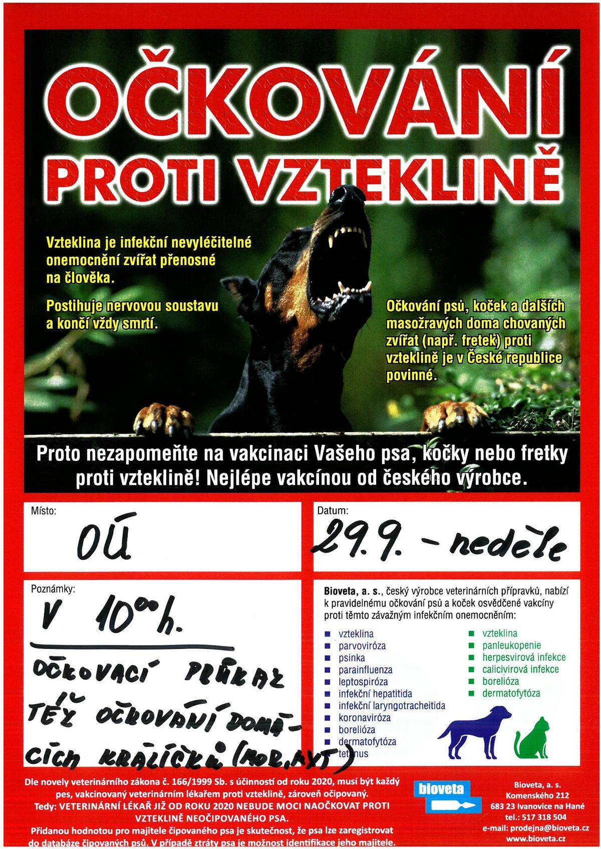 V neděli 29. září 2024 proběhne před OÚ Svémyslice v 10 hod. hromadné očkování psů a koček proti vzteklině a ostatním virózám. Též lze oočkovat domácí pet-králíčky proti moru a myxomatóze. 
Vezměte očkovací průkaz a náhubek pro psa.
                                                                                                                           MVDr.Irena Sedláčková