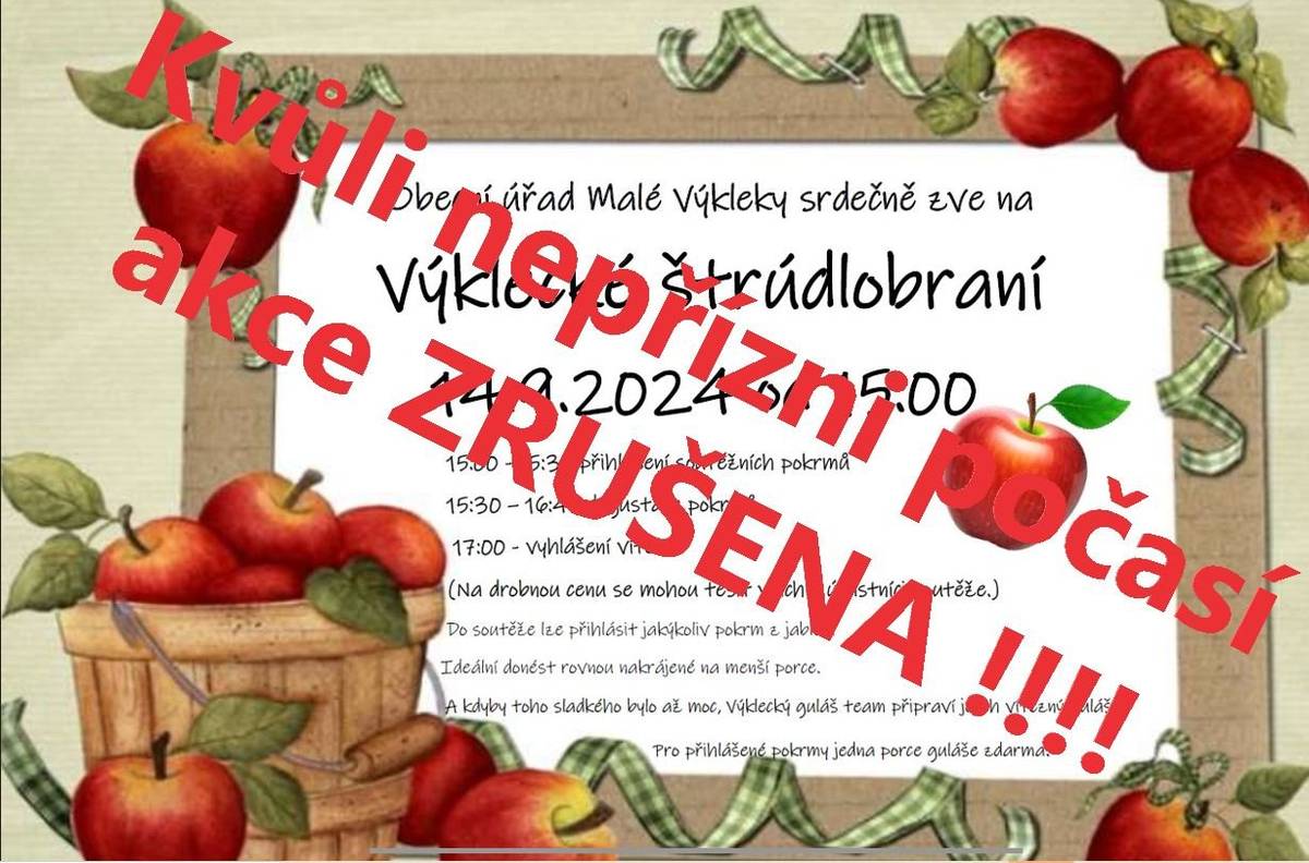 Dobrý den, 
z důvodu nepřízně počasí se sobotní akce Výklecké štrúdlobraní ruší.
Děkujeme za pochopení.
Hezký den 
Jaroslava Smolíková , starostka