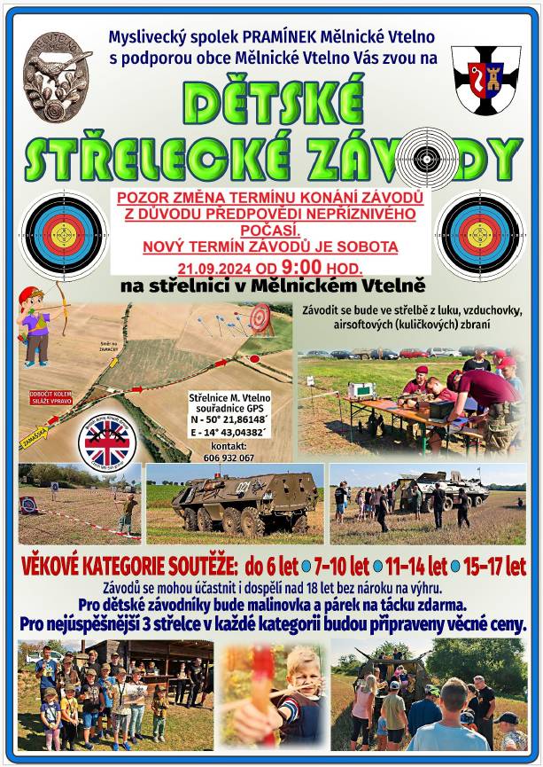 Myslivecký spolek Pramínek pořádá dne 21.09.2024 od 9:00 hod. DĚTSKÉ STŘELECKÉ ZÁVODY na střelnici v Mělnickém Vtelně v kategoriích od 6 do 18 let.
