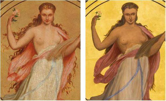 Postava znamení Panny. Vlevo Mánesův originál, vpravo nová kopie.