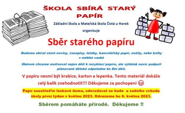 V rámci sběrových jarních aktivit proběhne pod taktovkou čistecké školy také sběr starého papíru. Výtěžek ze sběru podpoří plánované dětské odpoledne na začátku června....