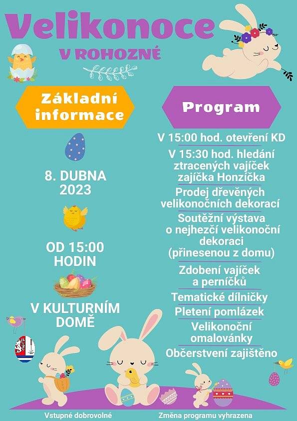 Hezké dopoledne, 
s blížícími se Velikonocemi Vám již můžeme odtajnit akci, kterou si pro Vás chystáme!
Dorazte za námi v sobotu 8. dubna do Kulturního domu, bude pro Vás připraveno tematické občerstvení, můžete si uplést pomlázku či zakoupit nějakou dřevěnou dekoraci! 🪺
Pro děti bude připraveno hledání velikonočních vajíček, dílničky nebo zdobení vajíček a perníčků! 
Pro šikovné a zručné občany všech věkových kategorií (a že jich mezi našimi lidmi máme spoustu!) bude připravena soutěžní výstava rukodělných velikonočních dekorací. Zapojení do soutěže je velice jednoduché: 
🌸Vyrobte jakoukoli velikonoční dekoraci. 
🌸Informujte nás o Vašem zapojení do soutěže do 7. 4. do 23:59 hodin telefonicky/osobně na OÚ, zašlete zprávu na messenger na Facebooku nebo napište e-mail. 
🌸Doneste Vaši dekoraci do KD dne 8. dubna do 16:00 hodin.
Dekorace si po skončení akce můžete opět odnést nebo nám je můžete nechat a my je použijeme k výzdobě na další akci. 🥰 
Kulturní dům pro Vás bude otevřen přesně v 15:00 hodin, do té doby bude uzamčen a budou probíhat potřebné přípravy, děkujeme za pochopení. 🔐 
Budeme se na Vás těšit! 🌸