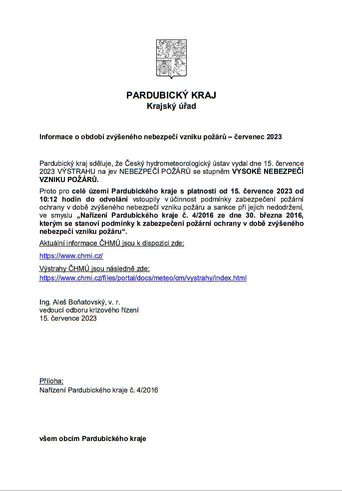 Informace o období zvýšeného nebezpečí vzniku požárů – červenec 2023