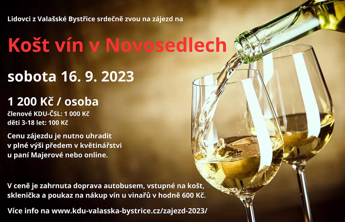 Lidovci z Valašské Bystřici zvou na zájezd koštu vín, který se uskuteční v sobotu 16. září 2023.