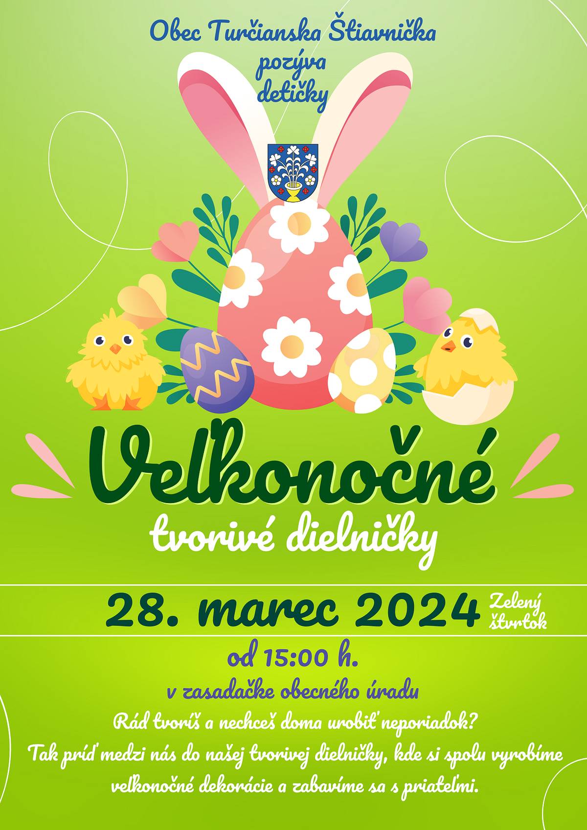 Obec Turčianska Štiavnička pozýva detičky 👧👦
na Veľkonočné tvorivé dielničky 😉🐰🐥🐣🌸💐🌷

🎨 Rád tvoríš a nechceš doma urobiť neporiadok? Tak príď medzi nás do našej tvorivej dielničky, kde si spolu vyrobíme veľkonočné dekorácie a zabavíme sa s priateľmi. 😊😉

🗓 28. marec 2024 (Zelený štvrtok) od 15:00 h. v zasadačke obecného úradu. Tešíme sa na Vás. 🤗
#turcianskastiavnicka