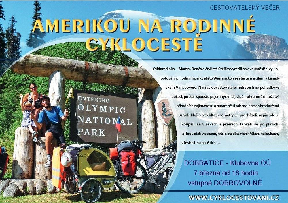 V následujících dnech vás zvu na tyto cestovatelské večery:

ČESKÝ TĚŠÍN, Jazzklub Na Střelnici, STŘEDA 6.3.2024 od 18hod, téma: "NAPŘÍČ AUSTRÁLIÍ NA KOLE"
DOBRATICE, Obecní úřad, ČTVRTEK 7.3.2024 od 18hod, téma: "AMERIKOU NA RODINNÉ CYKLOCESTĚ"
HUKVALDY, Infocentrum, PÁTEK 8.3.2024 od 18hod, téma: "SRÍ LANKA NA KOLECH"
KOMORNÍ LHOTKA, Knihovna, STŘEDA 20.3.2024 od 18hod, téma: "NAPŘÍČ AUSTRÁLIÍ NA KOLE"
ORLOVÁ, Knihovna, ČTVRTEK 21.3.2024 od 17hod, téma: "ZE ŽIVOTA CHATAŘE NA HORSKÉ CHATĚ"

Plakátky v příloze. Více informací pak na: www.cyklocestovani.cz
 
Budu se těšit na viděnou.

-- 
Martin Stiller
Mobil: 00420/604/618400
Tel: 00420/555/112277
E-mail: ms.broumovak@seznam.cz
www.Cyklocestovani.cz
www.ChataPrasiva.cz
https://www.facebook.com/chataprasiva