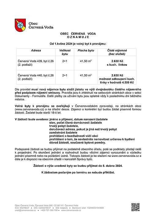 Žádosti lze podávat do 8. dubna 2024.
Formulář žádosti o pronájem bytu si můžete stáhnout zde: https://www.cervenavoda.cz/dokumenty-a-formulare/formulare