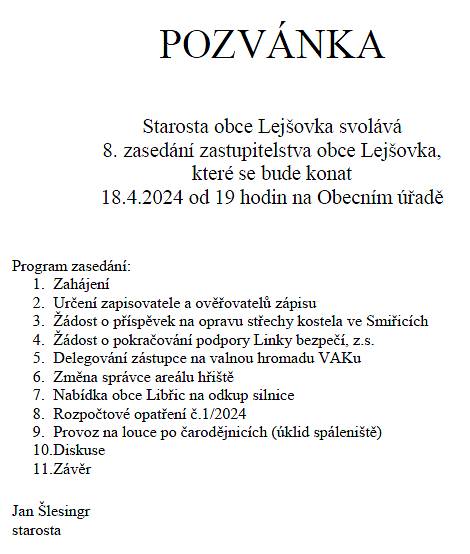 Pozvánka na 8. zasedání zastupitelstva 18.4.2024