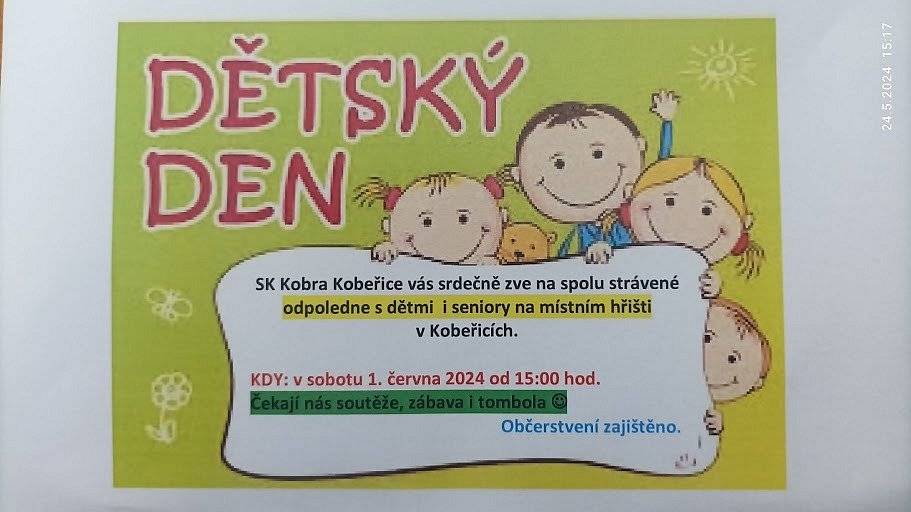 Sportovní klub Kobra Kobeřice vás srdečně zve na dětský den, kde se v sobotu 1. června od 15:00 hodin sejdou na místním hřišti v Kobeřicích jak děti, tak i senioři. Čekají na vás soutěže, zábava a tombola. Občerstvení zajištěno.