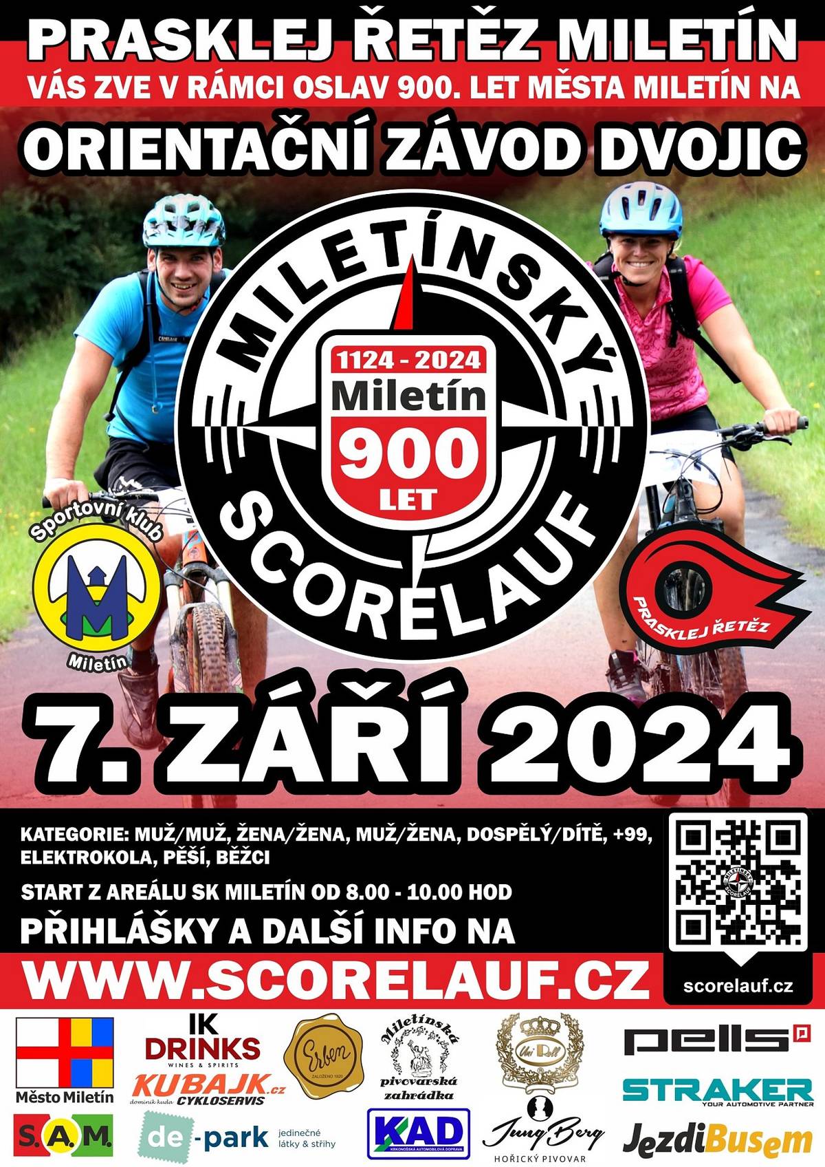 Prasklej řetěz Miletín vás zve na Miletínský scorelauf - orientační závod dvojic.  7. 9. 2024 od 8:00 - 10:00 hodin v areálu SK Miletín.  Další info na www.scorelauf.cz