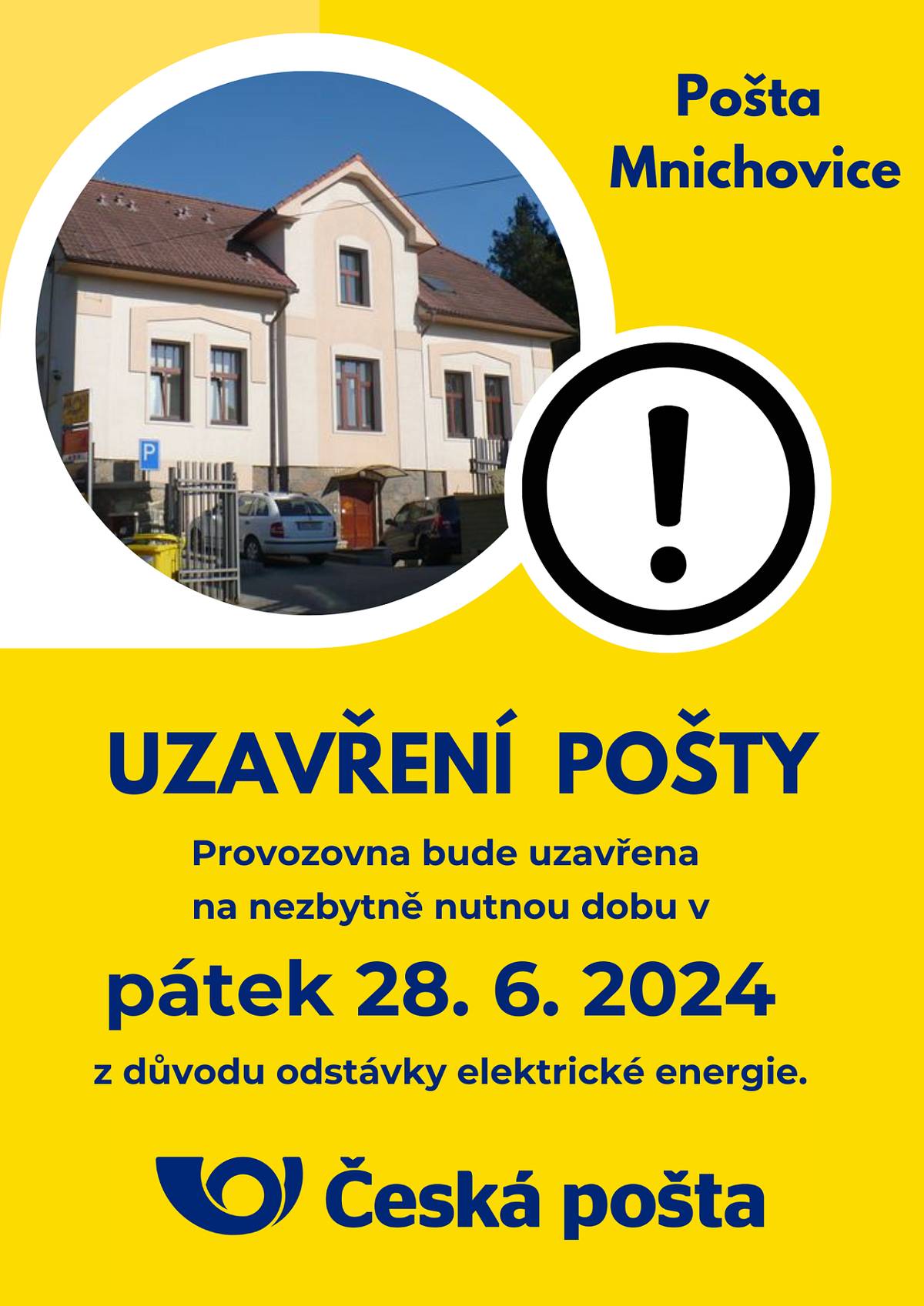 Provozovna bude uzavřena na nezbytně nutnou dobu dne 28.06.2024 z důvodu odstávky elektrické energie.
Po dobu jejího uzavření budou poskytované služby zajištěny provozovnou 251 01 Říčany u Prahy na adrese Masarykovo náměstí 62/32, 251 01 Říčany u Prahy.