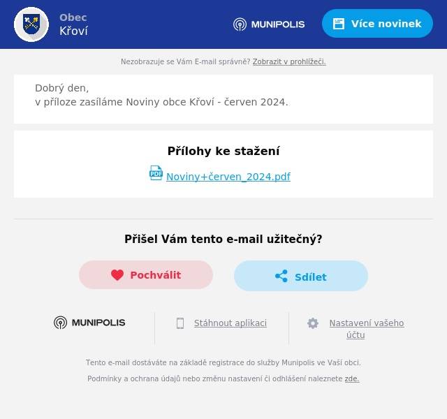 Dobrý den, v příloze zasíláme Noviny obce Křoví - červen 2024.