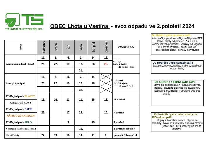Vzhledem k tomu, že TECHNICKÉ SLUŽBY VSETÍN s.r.o., z provozních důvodů nemohly poskytnout v době tisku kalendáře řádné termíny svozu odpadu na 2 pololetí 2024, informovali jsme o této skutečnosti ve Zpravodaji č. 4/ 2023 na str.7. 
Rovněž v letošním roce Technické služby učinily v harmonogramu drobnou změnu a z tohoto důvodu naleznete rozpis na obecních web. stránkách, na FB, na úřední desce naši obce a v příloze tohoto textu.
Pěkný den vám přeje obecní úřad Lhota u Vsetína.