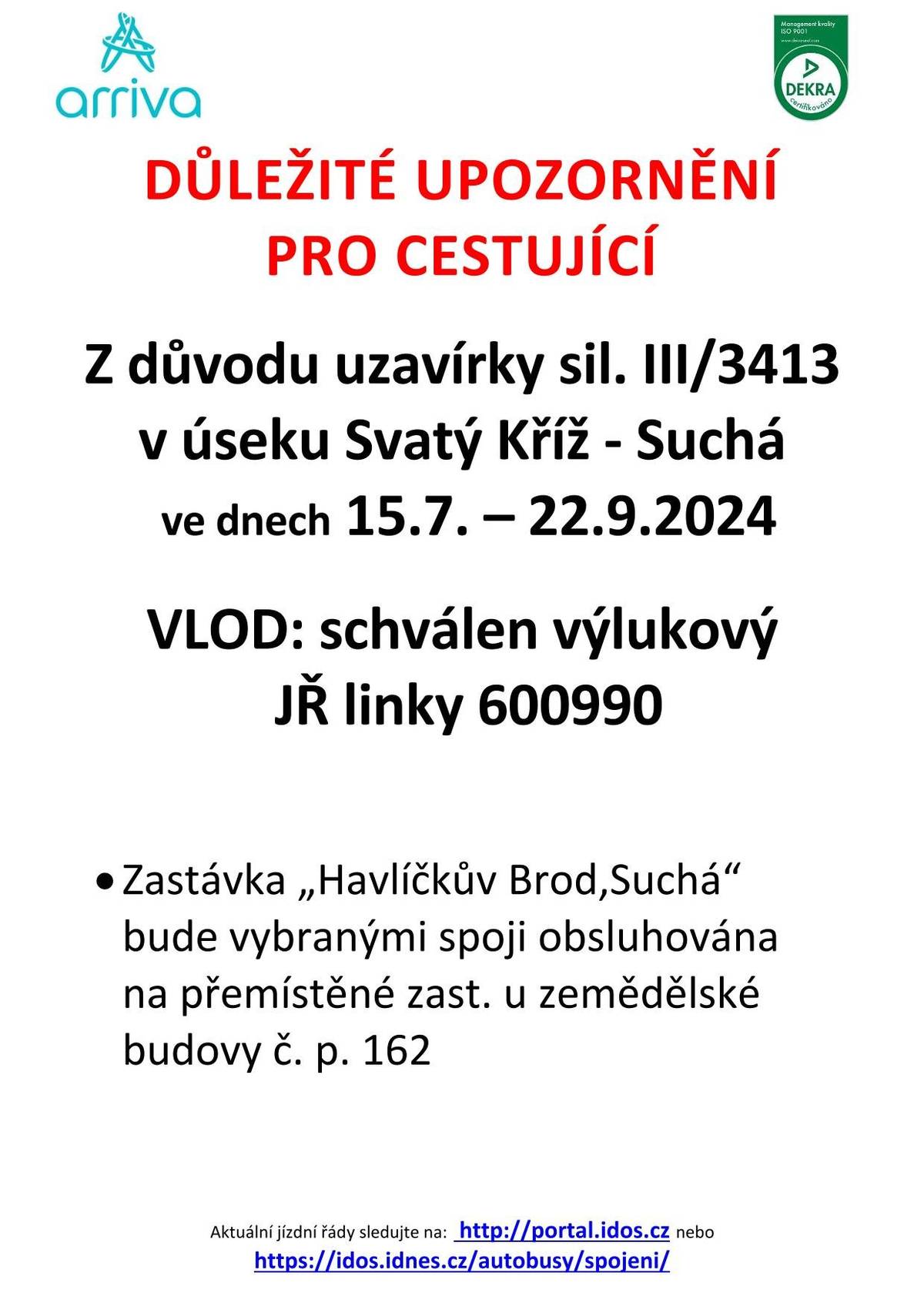 Výlukový jízdní řád 15.7.-22.9.2024 linky 600990