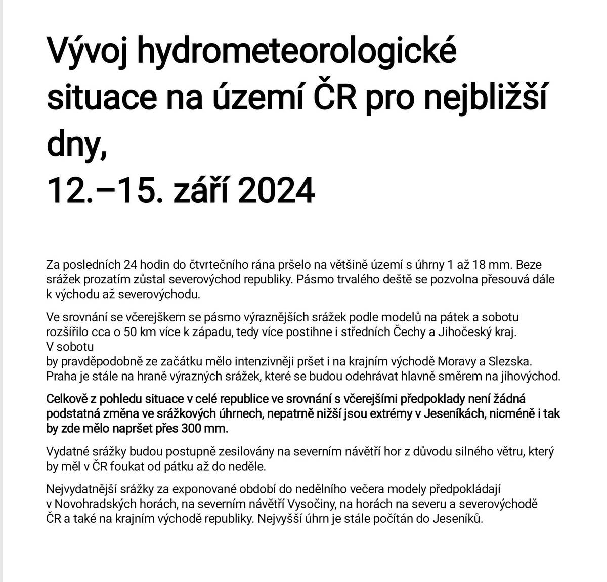 Vývoj hydrometeorologické situace na území ČR pro nejbližší dny 12.-15.září 2024