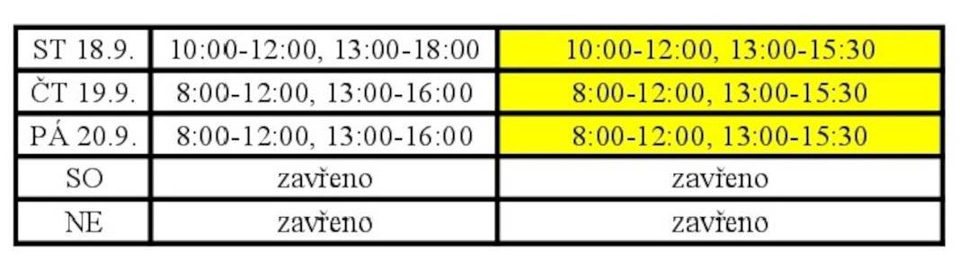 dovolujeme si Vás informovat o dočasné změně hodin pro veřejnost  provozovny Sedlčany. Rozsah hodin pro veřejnost bude omezen na nezbytně nutnou dobu ve dnech od 18. do 20 září 2024 z provozních důvodů.

Česká pošta, s.p.