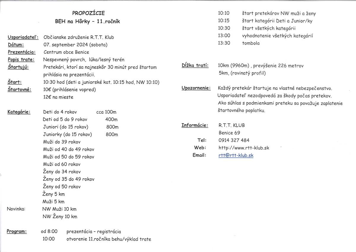 Klub RTT Benice pozýva všetkých priaznivcom cezpoľného behu v sobotu 7.9.2024 na 11. ročník Behu na Hôrky