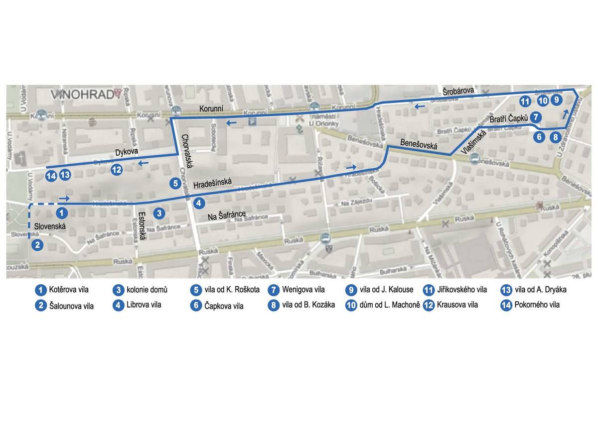 Vilová čtvrť leží mezi Korunní a Ruskou ulicí. Trasa procházky je dlouhá 2,9 kilometru.