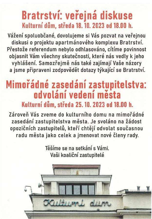 Zveme vás na veřejnou diskusi do Kulturního domu ve středu 18. 10. 2023.