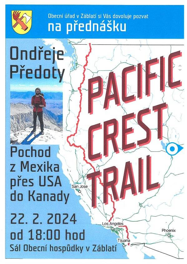 Hezký den,
než nám začne jaro, tak jsme pro Vás připravili ještě jednu besedu-přednášku Ondry Předoty, který šel po svých z Mexických hranic, přes státy USA, až na Kanadské hranice. Podělí se o své zážitky, promítne foto a řekne Vám zážitky z cest. Přijďte si poslechnou to co by většina z nás nedala, nezvládla, neušla.
Váš starosta J.P.
