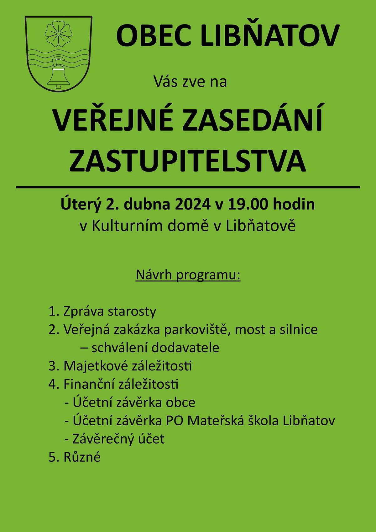 Vážení občané, milí přátelé 😊
přijměte pozvání na veřejné zasedání zastupitelstva obce, které se bude konat 2. dubna 2024 😊
Klíčovým bodem jednání bude schválení veřejné zakázky na dodavatele stavebních prací na největší investiční událost letošního roku v Libňatově. Tou bude přestavba parkoviště u obecního úřadu, kterou financuje obec, spojená s rekonstrukci mostu v Libňatově a s rekonstrukcí silnice v Maršově u Úpice, kterou bude financovat Královéhradecký kraj.
Přijďte si poslechnout i další informace, ale třeba se i doptat na jiné záležitosti ze života v obci.
Těším se.
Mějte hezké dny 😊
Jarda Pich, starosta