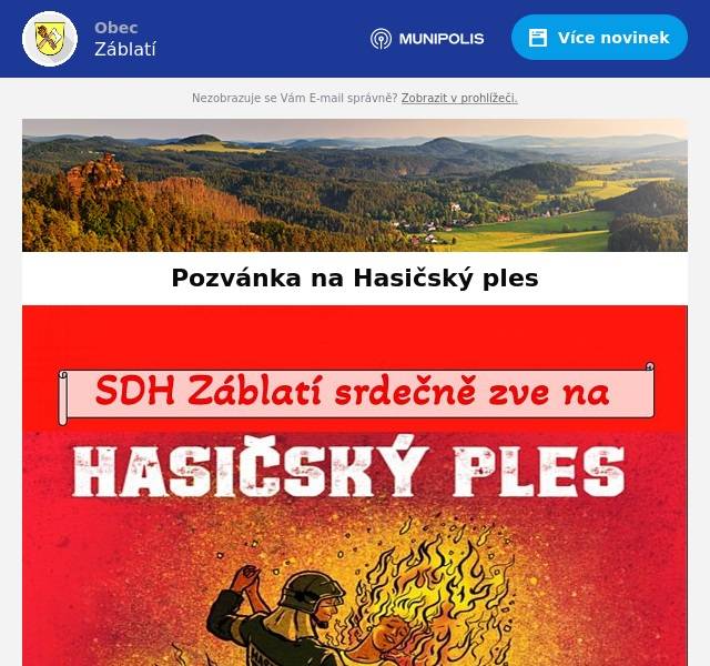 Zdravím všechny příznivce SDH Záblatí,
jako každé jaro se opět koná tradiční Hasčský ples, v pátek 22.3.2024 od 20.00 hod.
Přijďte bude dobrá nálada, vždyť nám zahraje kapela Václava Smolíka, bude bohatá tombola a vstupné jen 100 Kč.
Sbor dobrovolných hasičů se na vás těší.