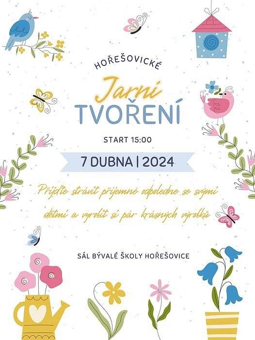 Přijďte strávit příjemné odpoledne se svými dětmi a vyrobit pár krásných výrobků.

7. 4. 2024 od 15:00 – sál v bývalé škole