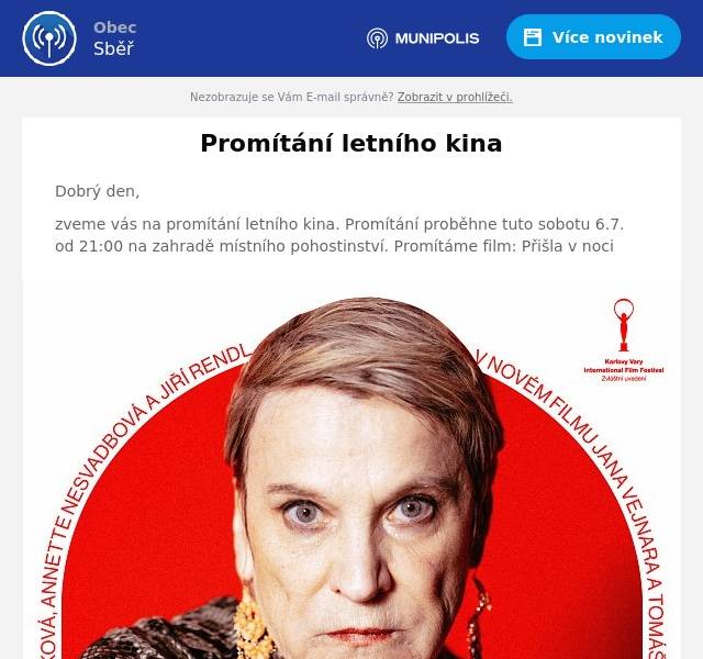 Dobrý den,
zveme vás na promítání letního kina. Promítání proběhne tuto sobotu 6.7. od 21:00 na zahradě místního pohostinství. Promítáme film: Přišla v noci