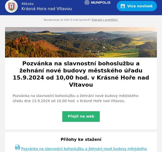 Pozvánka na slavnostní bohoslužbu a žehnání nové budovy městského úřadu dne 15.9.2024 od 10,00 hod. v Krásné Hoře nad Vltavou.