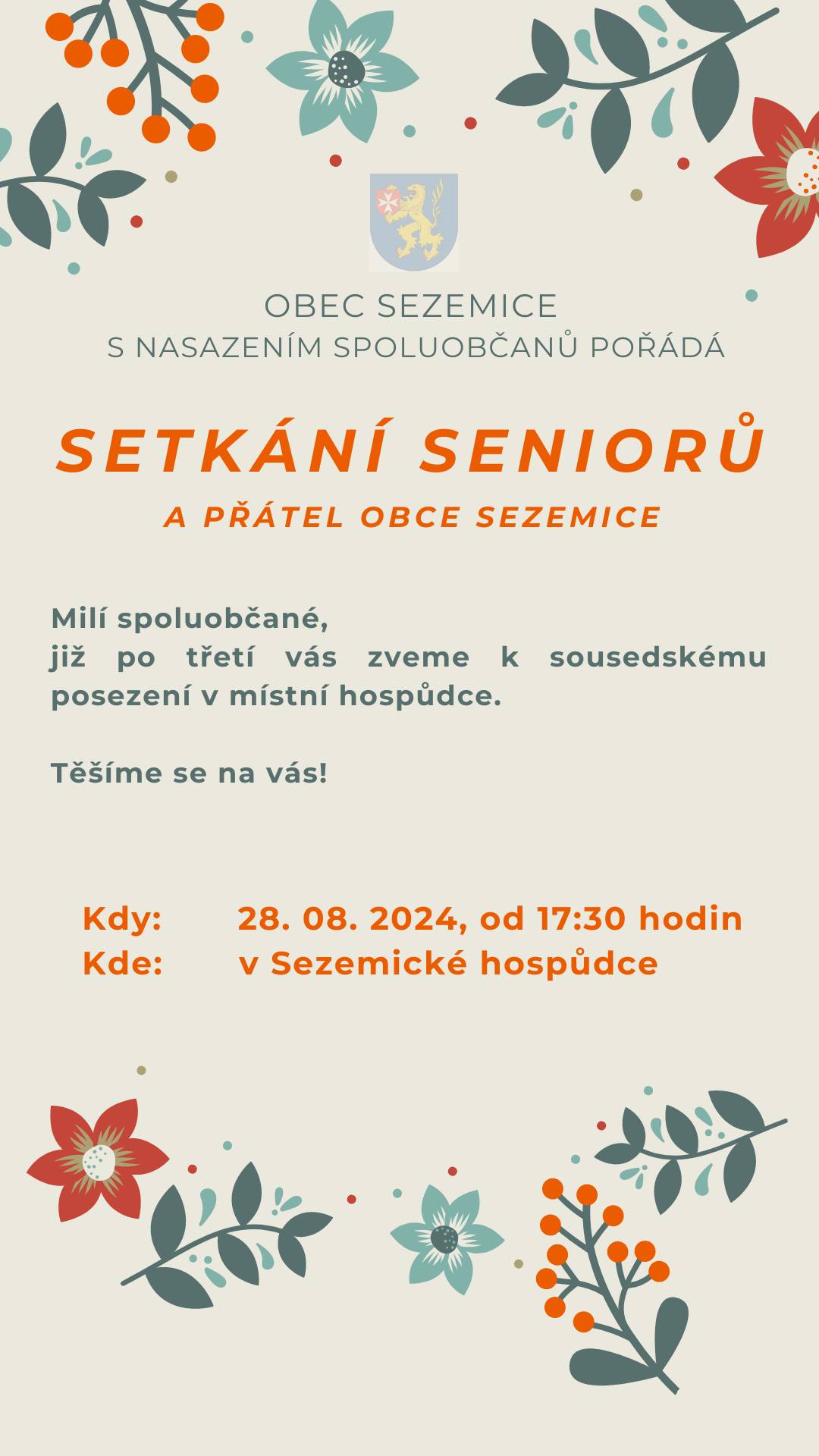 Zveme vás na sousedské posezení nejen seniorů do místní hospody ve středu 28.8.2024 od 17:30 hodin.