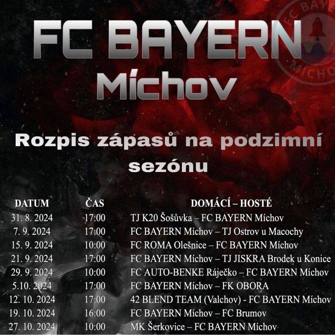 Rozpis zápasů Bayern Míchov, podzim 2024