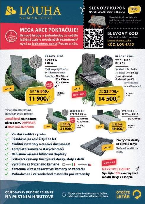 V pátek 23.8. a 6.9. mezi 11:00 a 11:15 návštíví naši obec obchodní zástupce Kamenictví Louha pro celý okres Blansko, který bude na našem místním hřbitově k dispozici občanům.
 
 
Rádi bychom tímto letákem nabídli občanům naše služby a výhodné ceny na nové hroby či renovace.
V případě zájmu se mohou přijít nezávazně poradit nebo si nechat zdarma spočítat cenovou nabídku přímo na hřbitově, kde bude k dispozici náš obchodní zástupce – pan Klíč.