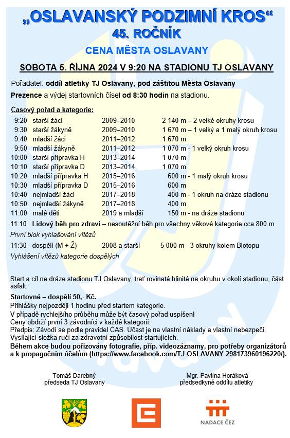 Přijďte si zazávodit nebo alespoň povzbudit účastníky tradičního, letos již 45. Oslavanského podzimního krosu, který se koná v sobotu 5. 10. 2024 na stadionu TJ Oslavany.