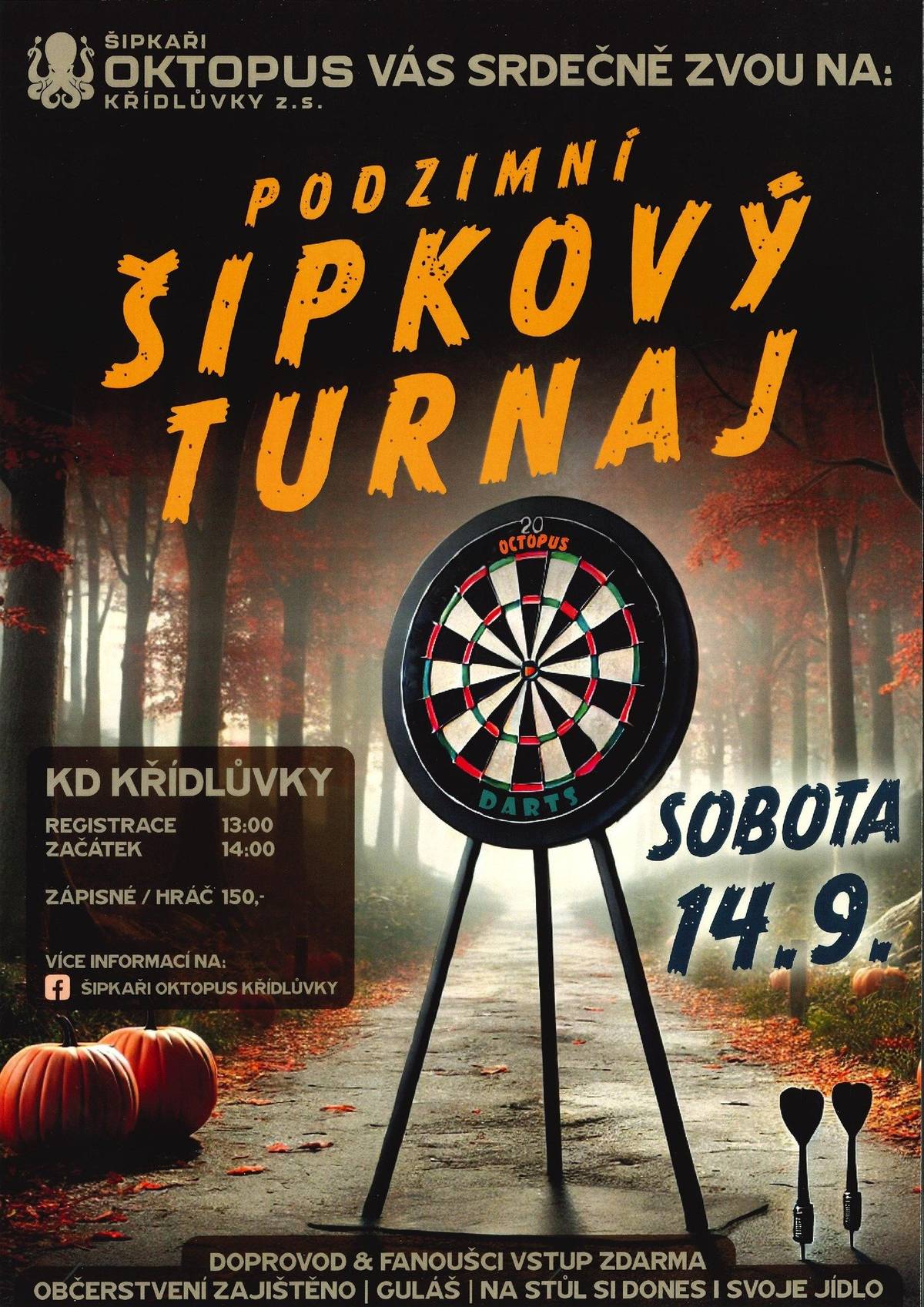 1) Společnost EG.D oznamuje, že zítra od 7:30 do 14:30 dojde k přerušení dodávky elektrické energie pro lokality u sklepů, bývalého vepřína a fotovoltaických elektráren. Přerušení dodávky elektřiny se netýká domácností.
2) Oznamujeme občanům a zájemcům, že plánovaný zájezd do Safari Parku Dvůr Králové se pro malý zájem ruší. Již odevzdané zálohy se vrátí. Děkujeme za pochopení.
3) Oznamujeme, že volby do zastupitelstva Jihomoravského kraje proběhnou v pátek 20. září od 14:00 do 22:00 a v sobotu 21. září od 8:00 do 14:00. Volební místnost se bude nacházet tradičně na obecním úřadě.
4) Šipkaři Oktopus Křídlůvky srdečně zvou na Podzimní šipkový turnaj, který se koná 14. září v kulturním domě. Začátek turnaje je v 14:00, registrace začíná v 13:00. Zápisné činí 150,- Kč.
5) Obec Slup a Technické muzeum v Brně Vás zvou na Slavnosti Chleba, které se konají příští sobotu, 7. září, od 9:00 u Vodního mlýna ve Slupi. Více informací se dozvíte na plakátech ve vývěsce u obchodu nebo na https://www.slup.cz/slavnosti-chleba.